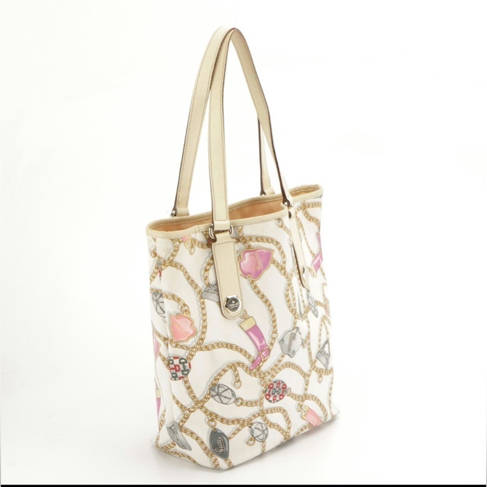 Rare GUCCI Charm Print Satin Tote with Cinghiale Leather trim - Picture 3 of 11